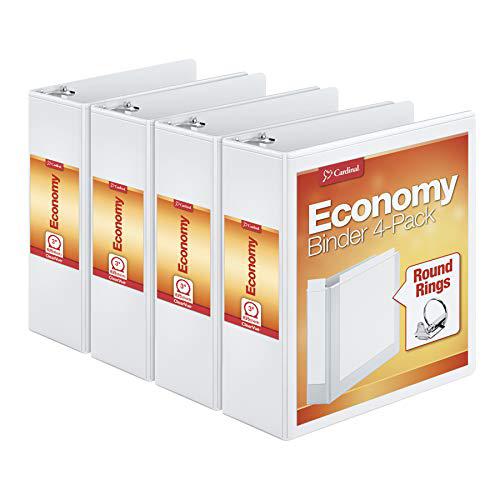 Cardinal Supplies cardinal economy 3 ring binder, 3 inch, presentation view, white, holds 625 sheets, nonstick, pvc free, 4 pack of binders (00