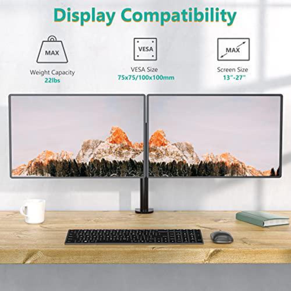 wali dual lcd monitor fully adjustable desk mount stand fits 2 screens up to 27 inch, 22 lbs. weight capacity per arm (m002),