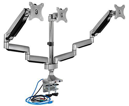 mount-it! triple monitor mount | desk stand with usb and audio ports | 3 counter-balanced gas spring height adjustable arms f