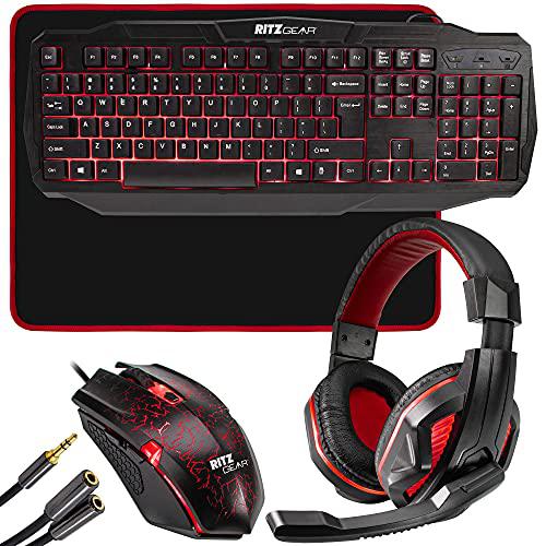 ritz gear gaming accessories kit (red) | 4-in-1 led backlight bundle pc combo with multimedia keyboard, optical mouse, mouse 