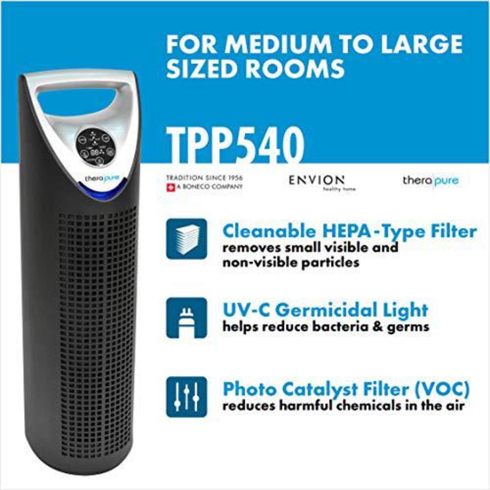 envion therapure tpp540 medium to large room filter hepa air purifier with 3 fan speeds, uv-c germicidal light, led display, 