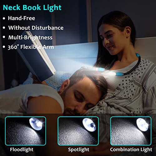 luxjet led book lights rechargeable neck lamp for reading at night, hands free, 4 led bulbs, 3 adjustable brightness