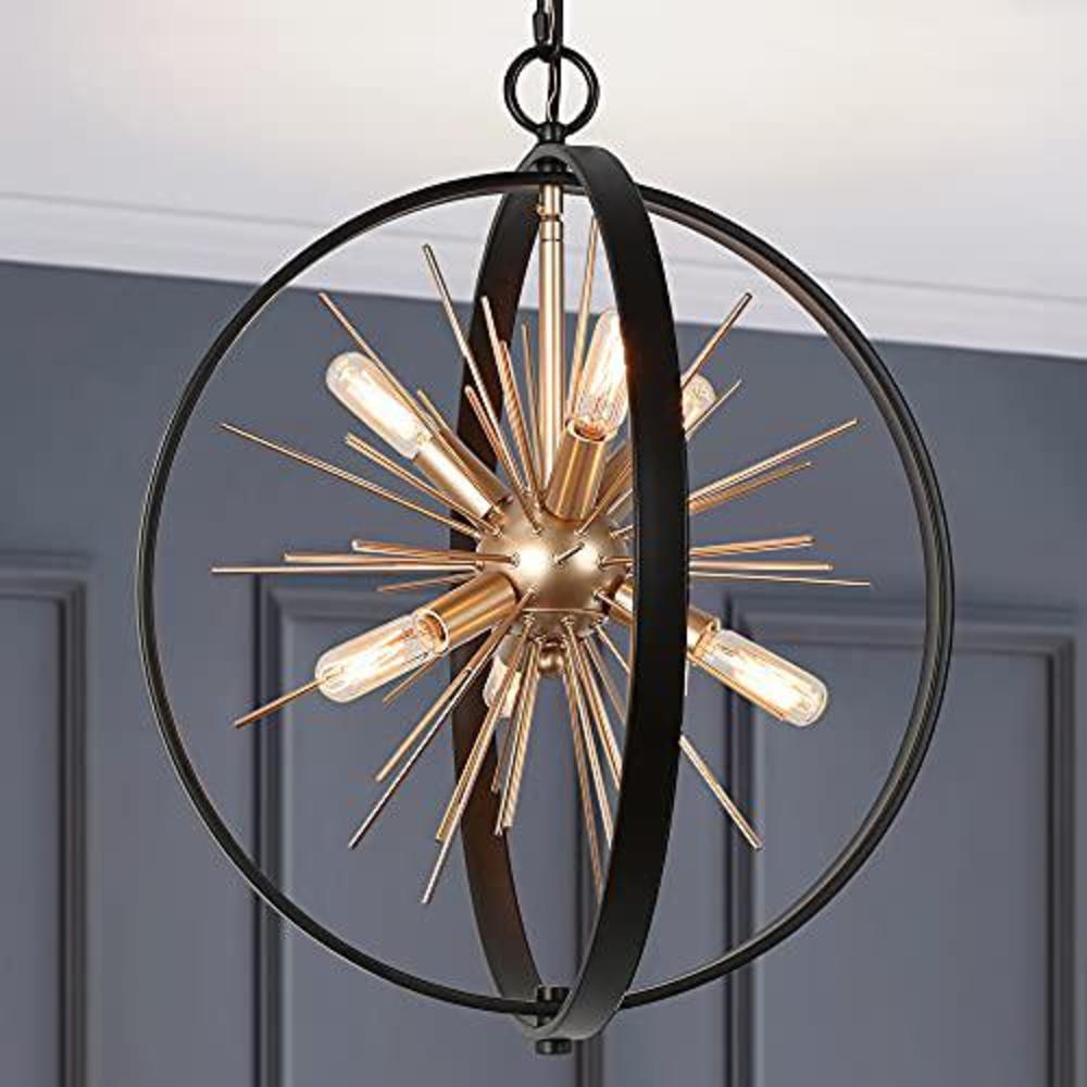 Optimant Lighting modern globe chandelier, gold finished sputnik chandelier light fixture with black metal frame, 6-light mid century 18" penda