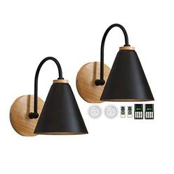 civaza 2-pack wall light bedside lamp,led remote control battery operated indoor wireless black wall sconce light fixture for