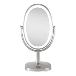 zadro newport 10" oval led tabletop vanity mirror, 3 color temperature lighting options, touch pad dimmable ring light, 5x & 