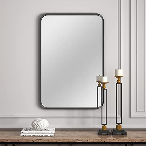 nxhome rectangle metal frame wall mirror for bathroom 24 x 36 inch wall mounted vanity mirror rounded corner black frame deco