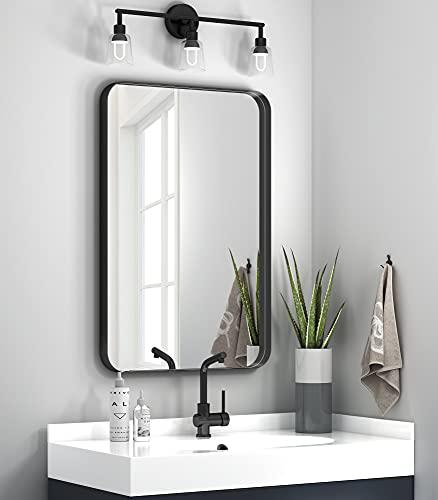 nxhome rectangle metal frame wall mirror for bathroom 24 x 36 inch wall mounted vanity mirror rounded corner black frame deco