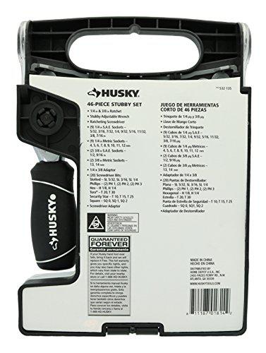 husky stubby 46 piece ratchet and wrench set w/ drive sockets, screwdriving bits, and onboard storage