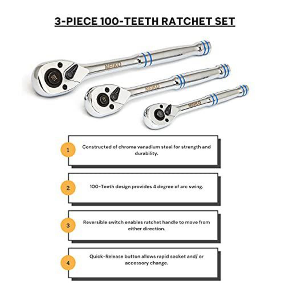 neiko 03000a ratchet set | 3 piece quick release | 1/4?, 3/8?, & 1/2 inch drive | 3.6 degree swing |100 tooth | reversible | 
