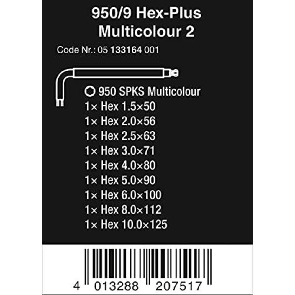 wera 5133164001 950/9 hex-plus multicolour 2 l-key set, metric, blacklaser, 9 pieces