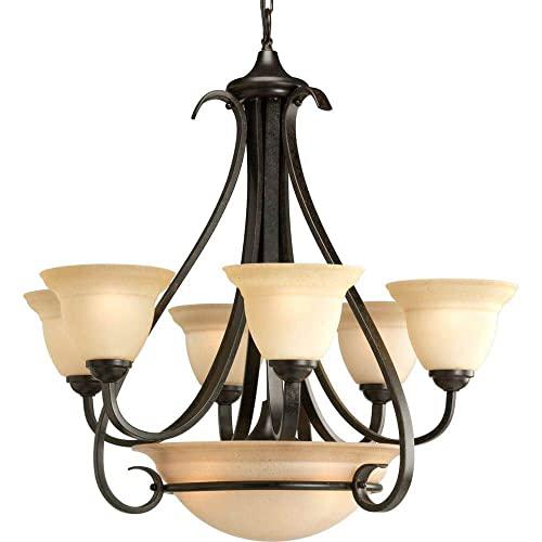 progress lighting torino 6-light forged bronze chandelier with tea-stained glass shade