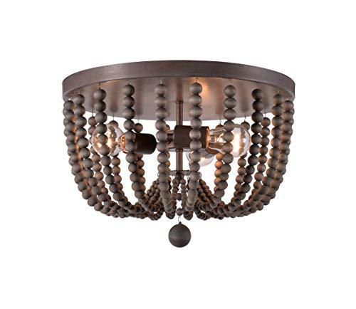 kenroy home casual 3 light wood bead flush mount,11 inch height, 16 inch diameter with golden bronze finish with gray wood be