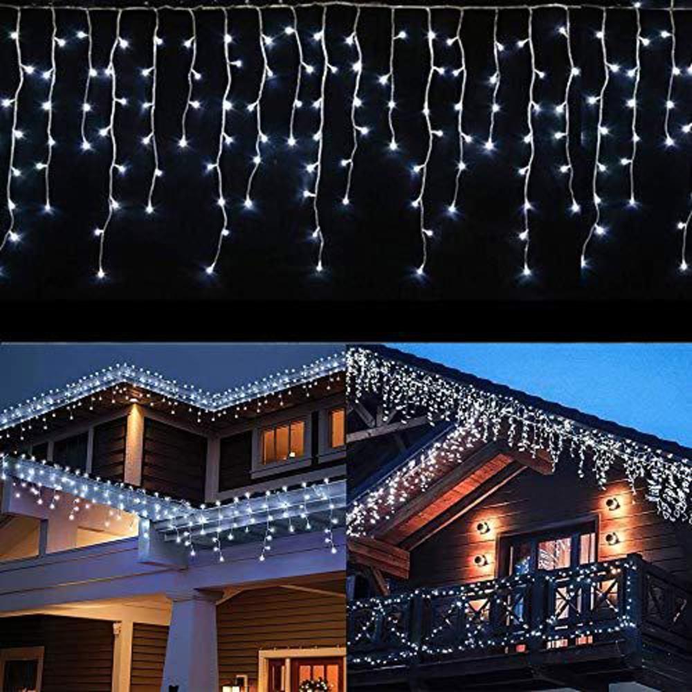 Kweida led icicle lights outdoor decorations,32ft 8 modes 300leds curtain light with 60 drops, christmas string lights waterproof en