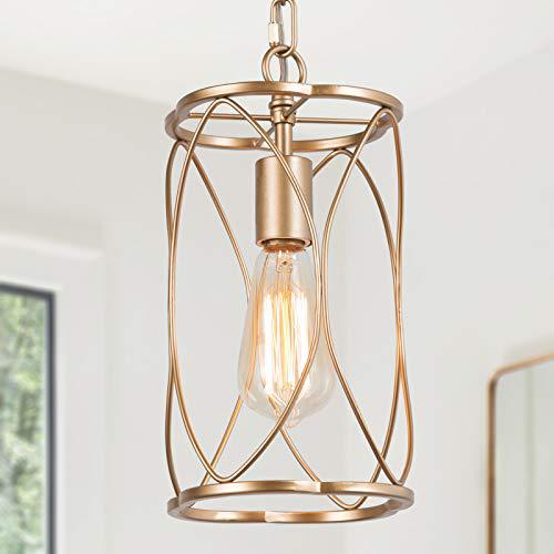 optimant lighting gold pendant lighting for kitchen island, modern cage hanging light fixture for hallway, dining room, foyer