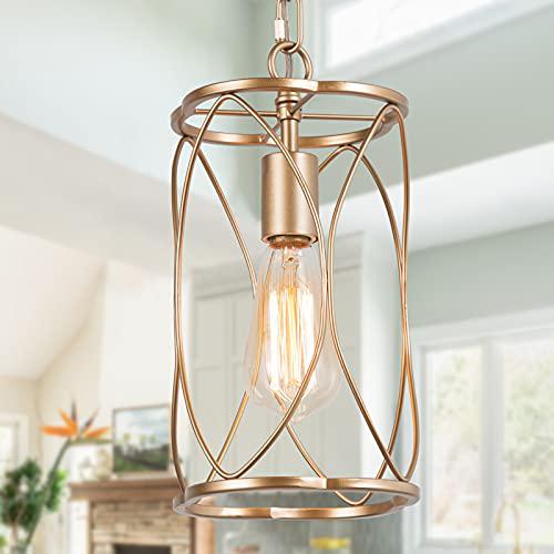 gepowgold cage pendant lighting, antique golden modern hanging light fixture for kitchen island, hallway, dining room, foyer 