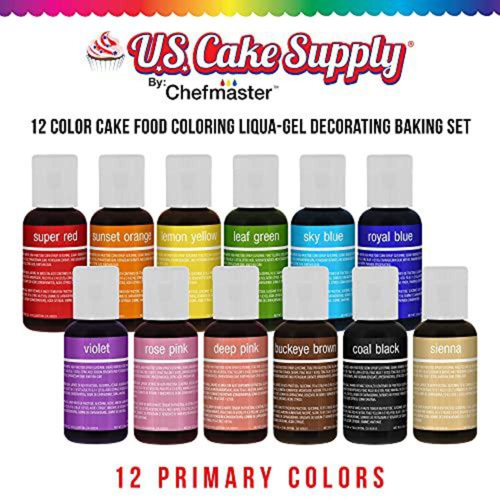 u.s. cake supply 12 color cake food coloring liqua-gel decorating set - .75 fl. oz. (20ml) bottles primary colors