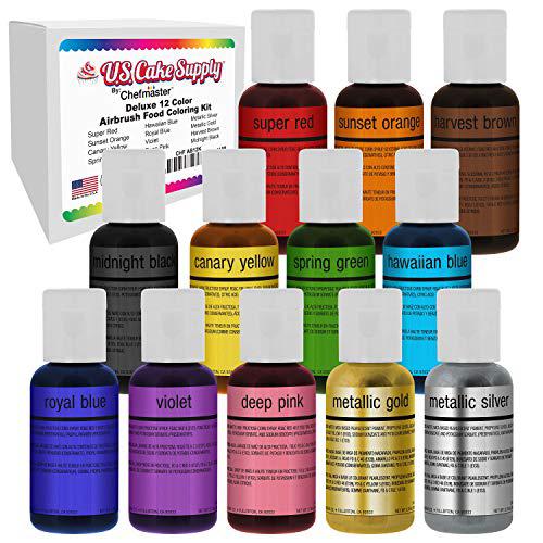 u.s. cake supply airbrush cake color set - the 12 most popular colors in 0.7 fl. oz. (20ml) bottles made in the usa