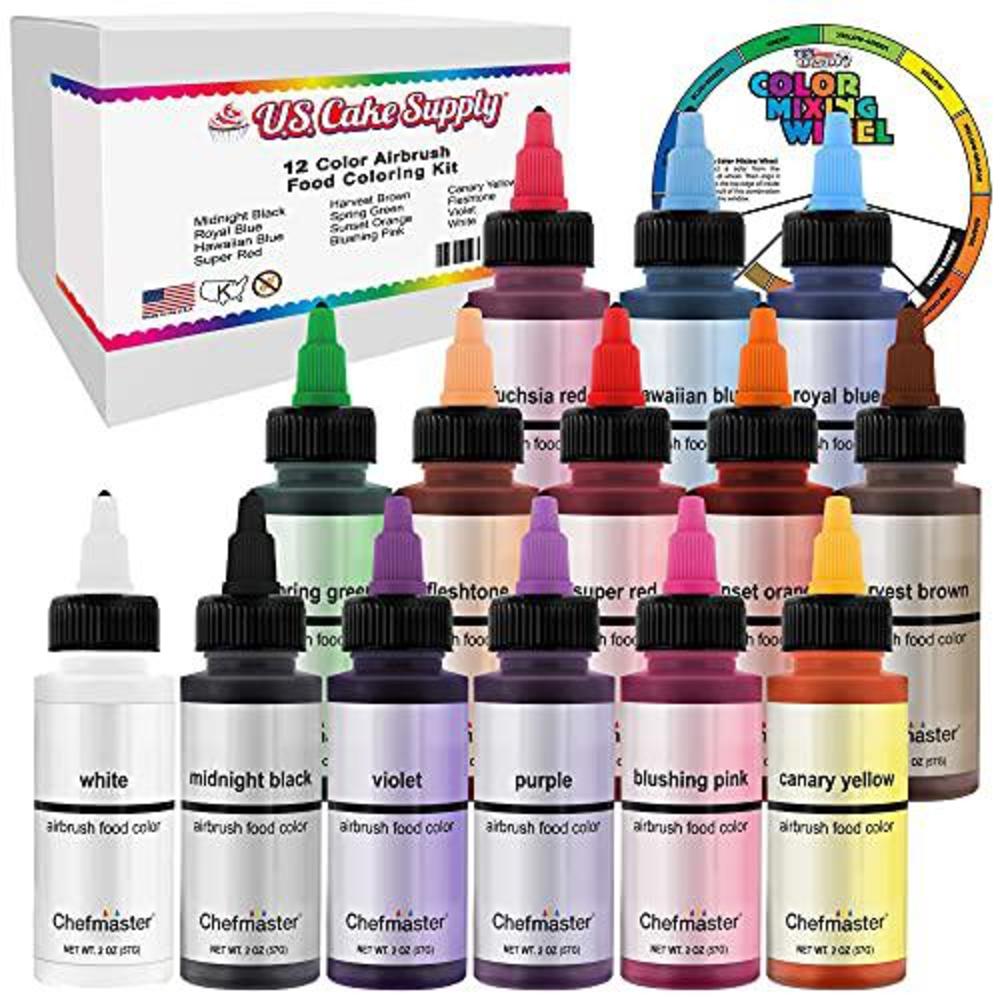 u.s. cake supply airbrush cake color set - the 12 most popular colors in 2.0 fl. oz. bottles with color mixing wheel - safely