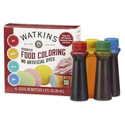 watkins assorted food coloring, 1 each red, yellow, green, blue, total four .3 oz bottles