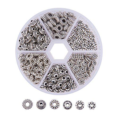 ph pandahall 300pcs 6 style antique silver spacer beads, tibetan metal alloy jewelry beads tube spacers flower flat rondelle 