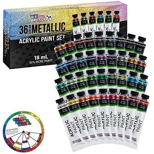 U.S. Art Supply Professional 36 Color Set of Metallic Acrylic Paint, Large 18ml Tubes - Rich Vivid Pearl Colors for Artists, Students, Beginners - Can
