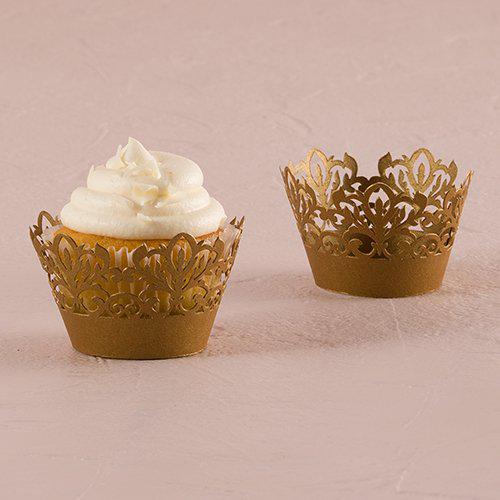 WeddingStar classic damask filigree paper cupcake wrappers - vintage gold shimmer