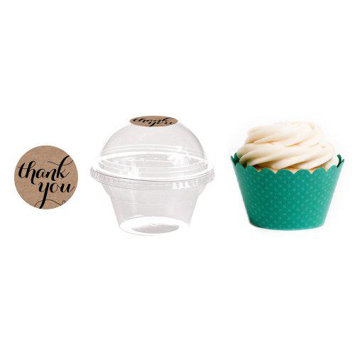 dress my cupcake 24-pack kraft dessert table label kit, includes favor dome containers, thank you! label and aqua wrapper