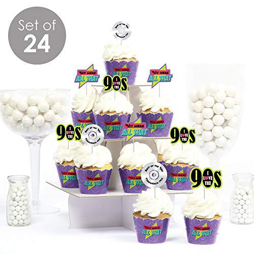 Big Dot of Happiness 90's throwback - cupcake decoration - 1990s party cupcake wrappers and treat picks kit - set of 24