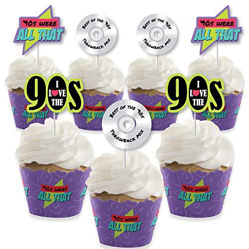 Big Dot of Happiness 90's throwback - cupcake decoration - 1990s party cupcake wrappers and treat picks kit - set of 24