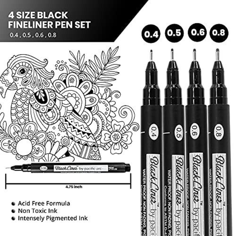 pacific arc blackliner black fineliner pens, set of 4 differently sized broad drawing pens for artists, sketching pens, journ