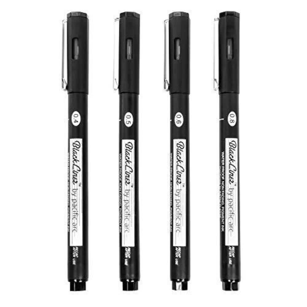 pacific arc blackliner black fineliner pens, set of 4 differently sized broad drawing pens for artists, sketching pens, journ