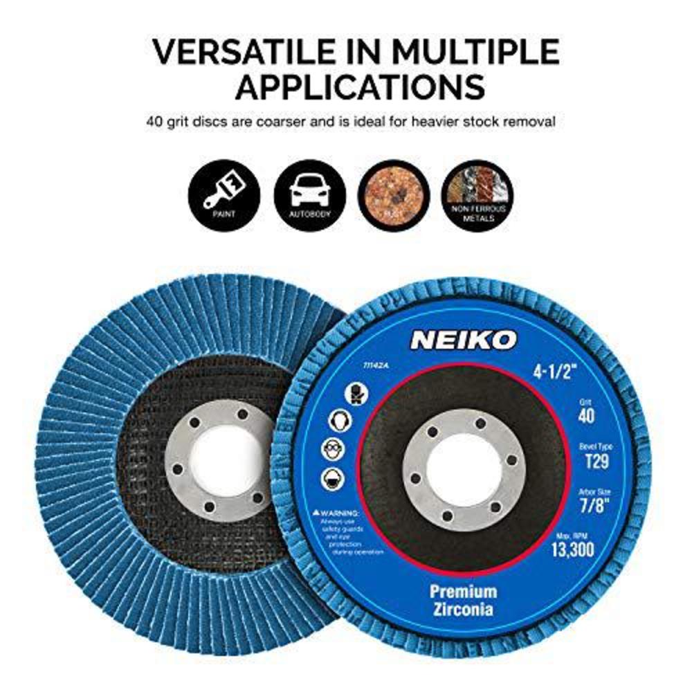 neiko 11142a zirconia flap disc | 40 grit | 10 pack | 4.5" x 7/8-inch | bevel type #29 | 13,300 rpm | premium and industrial 