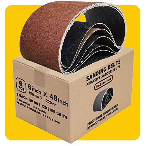 Ur-Excellent 6 x 48 in 6x48 sanding belt pack 6-inch x 48-inch,6 pcs(2 each of 80 120 150 grits) aluminum oxide for sander