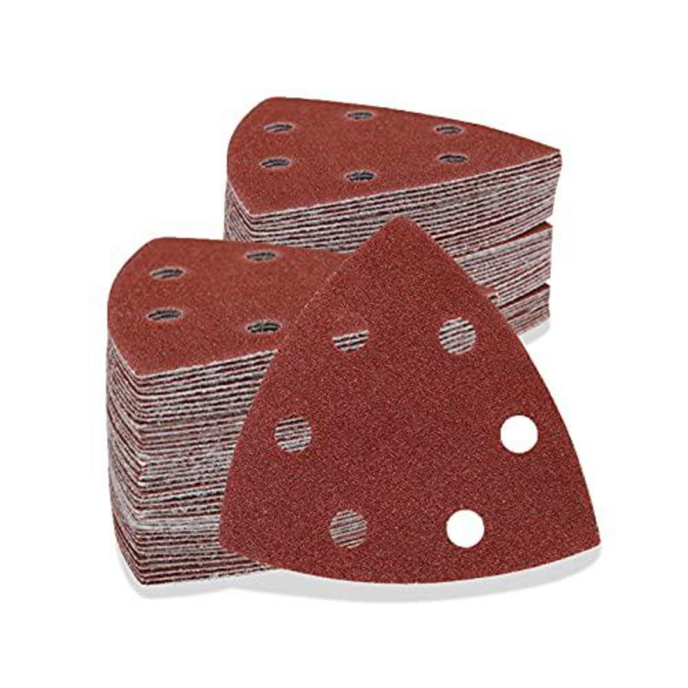 lizmof 100pcs triangular sandpaper, oscillating multitool sanding pads with 60, 80, 100, 120, 240 grit, 3-1/2 inch hook and l