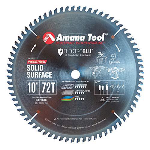 amana tool - 610721c electro-blu carbide tipped solid surface 10" dia x 72t mtc, 0 deg
