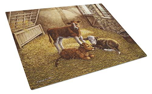 caroline's treasures bdba0179lcb"cows calves in the barn" glass cutting board, large, multicolor