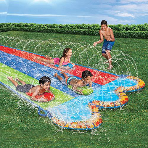 banzai triple racer water slide with 3 body boards, length: 16 ft, width: 82 in, inflatable outdoor backyard water slide spla