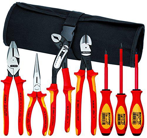 knipex tools - 7 piece pliers/screwdriver tool set, 1000v, nylon pouch (9k989826us)
