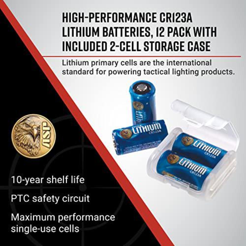 asp cr123a 3v lithium batteries, storage case included, 12-pack