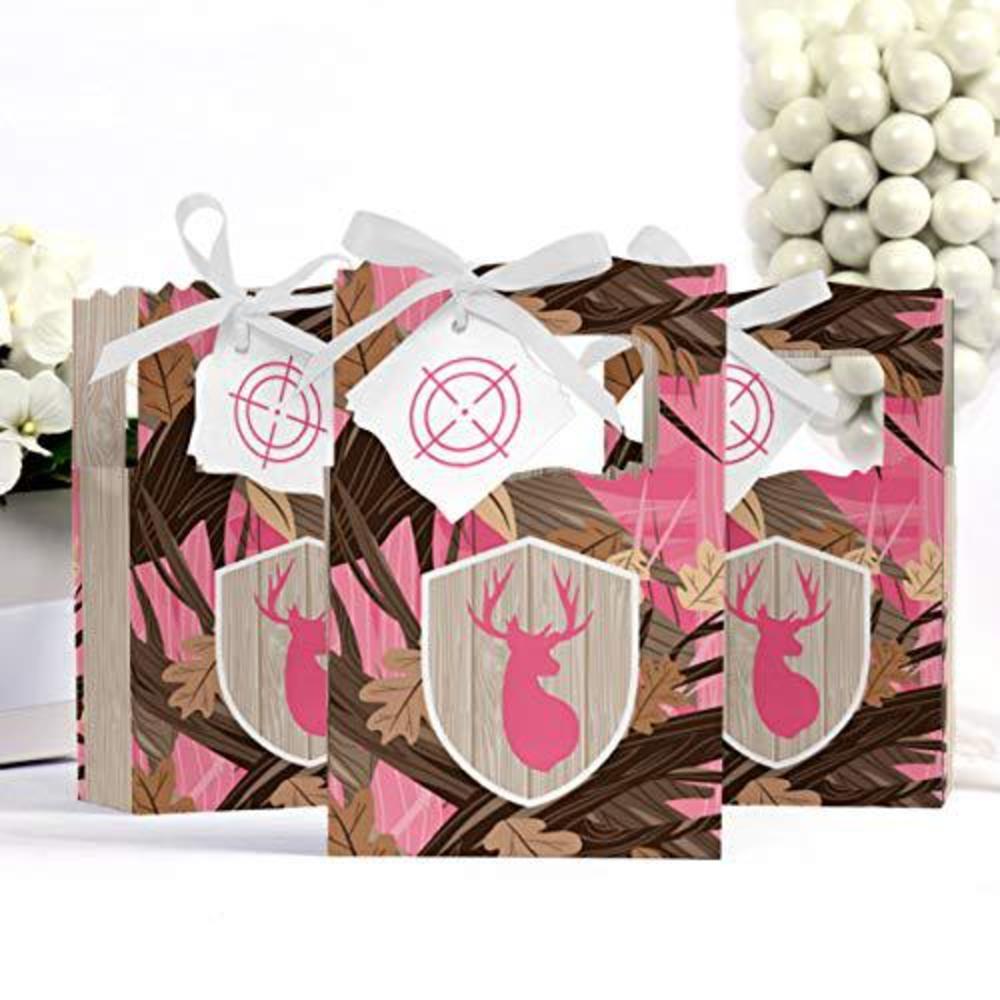 Big Dot of Happiness pink gone hunting - deer hunting girl camo baby shower or birthday party favor boxes - set of 12