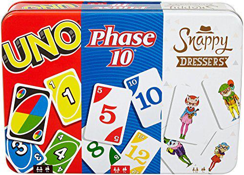 mattel games: 3-in-1 - uno, phase 10, and snappy dressers (tin box)
