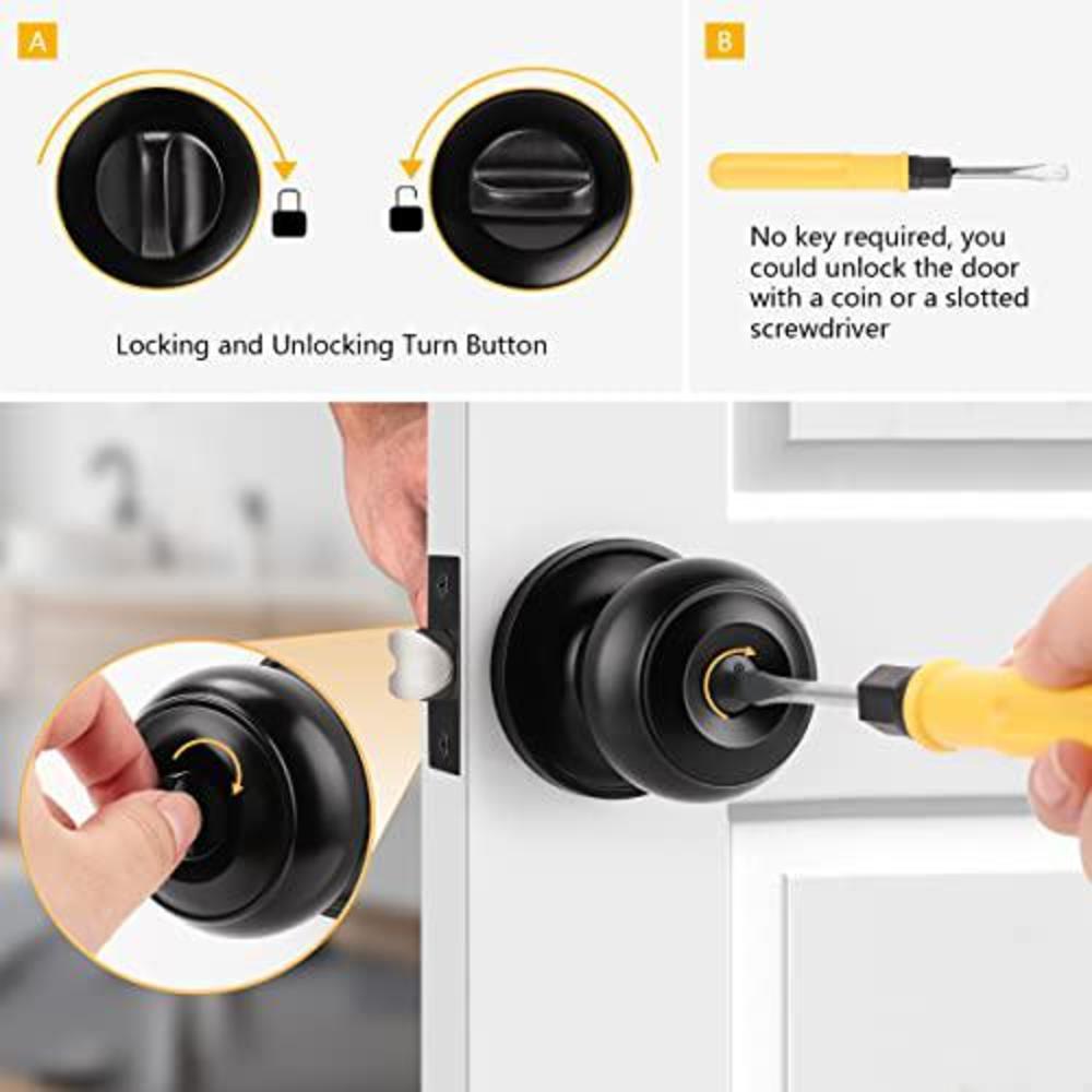 probrico 6pcs black privacy door knobs lock for bedroom or bathroom flat ball keyless door handles