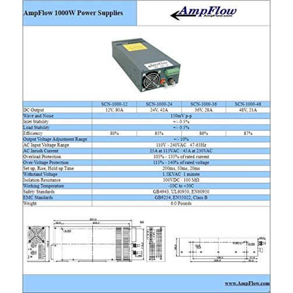 ampflow s-1000-48 1000w, 21a, 48v dc power supply