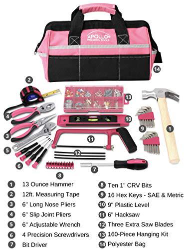Apollo Precision Tools apollo tools 201 piece home tool set, pink tool set includes hacksaw, picture hanging assortment, and selection of most neede