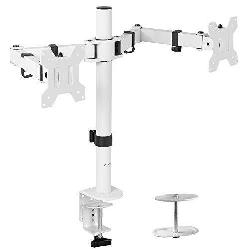 vivo white dual 13 to 27 inch lcd led monitor desk mount stand with c-clamp and bolt-through grommet, heavy duty fully adjust