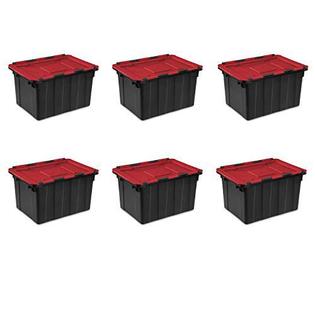 Sterilite sterilite 14619006 12 gallon/45 liter hinged lid industrial tote,  racer red lid w/ black base, 6-pack