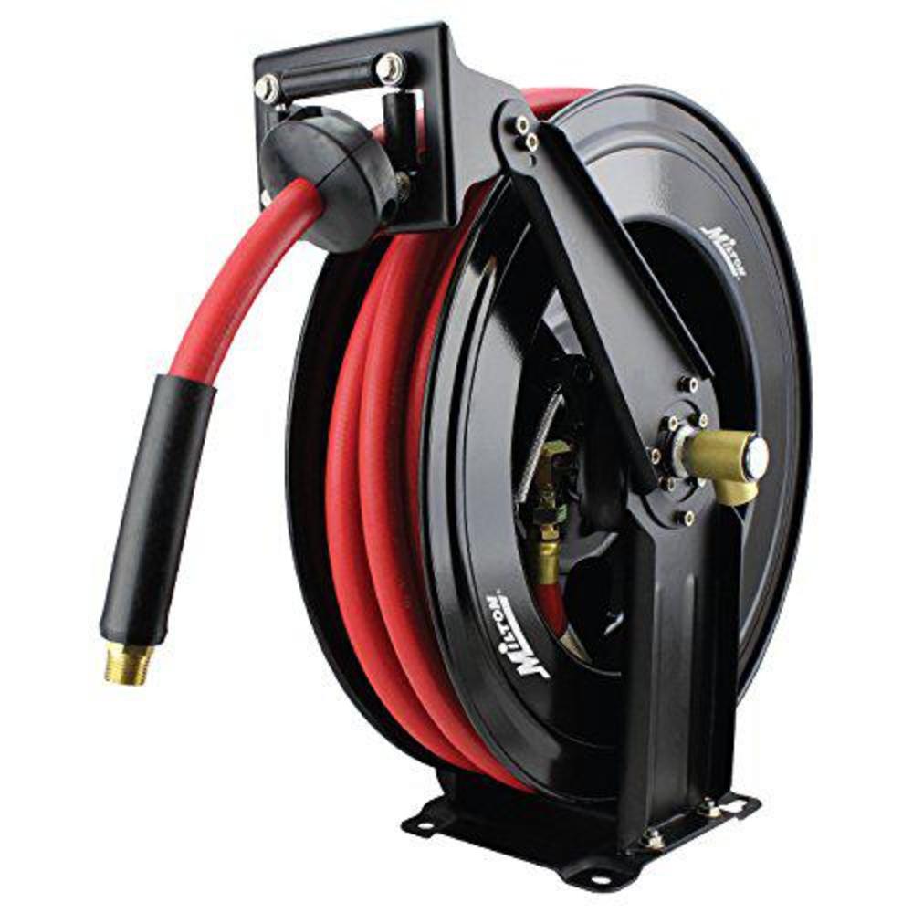 milton 2780-50d - steel dual arm auto-retractable air hose reel, 1/2" x 50 ft. rubber hose - 300 max psi