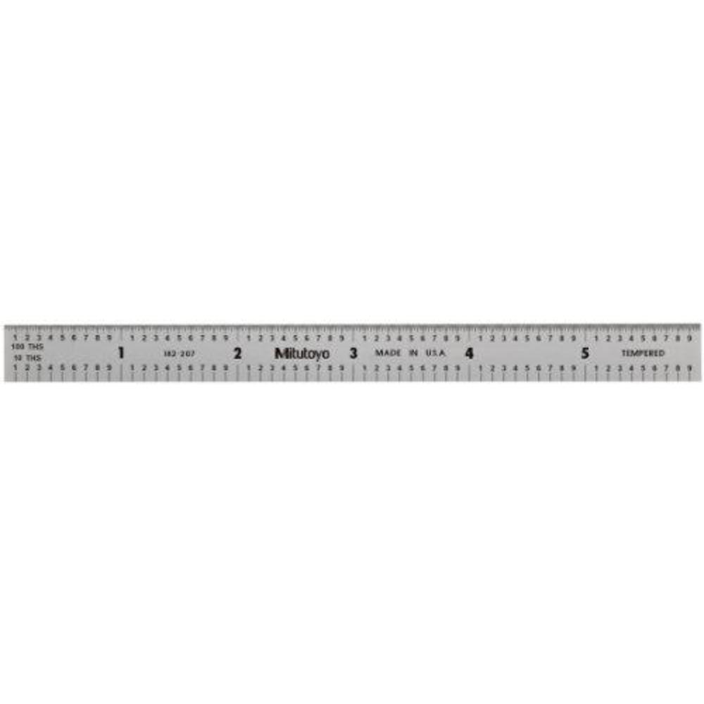 mitutoyo 182-207, steel rule, 6" x 150mm, (1/10, 1/100", 1mm, 1/2mm), 1/64" thick x 1/2" wide, satin chrome finish tempered s