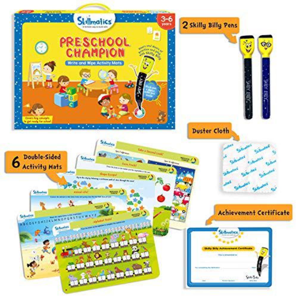 skillmatics educational game: preschool champion (3-6 years) | erasable and reusable activity mats with 2 dry erase markers |