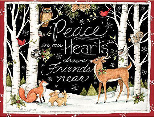 lang 1004777 -"peace in our hearts", boxed christmas cards, artwork by susan winget" - 18 cards, 19 envelopes - 5.375" x 6.87